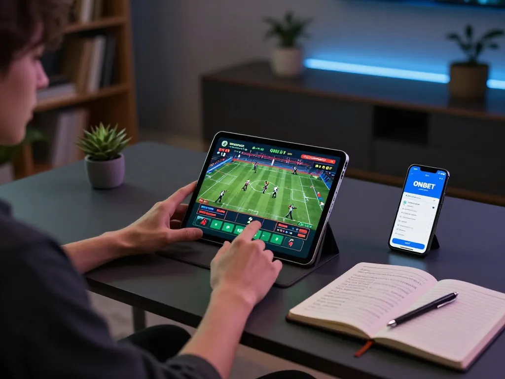 Engaging in smart betting with the ONBET link while using a tablet in a cozy home environment.
