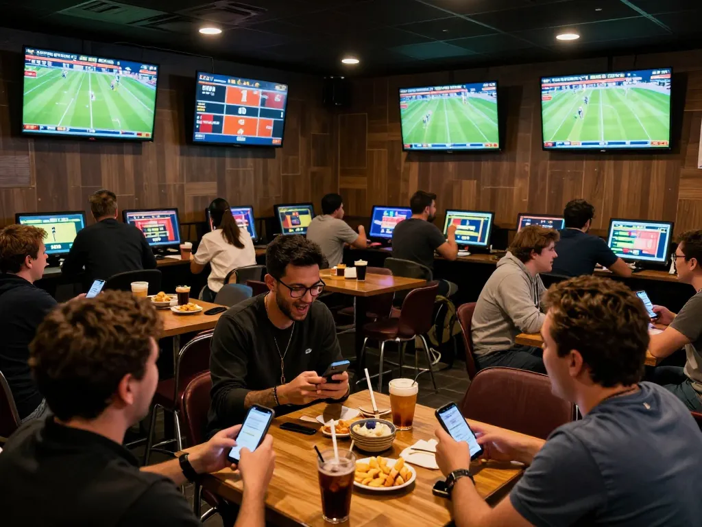 Fans excitedly tracking kết quả bóng đá in a sports betting lounge, analyzing odds and celebrating