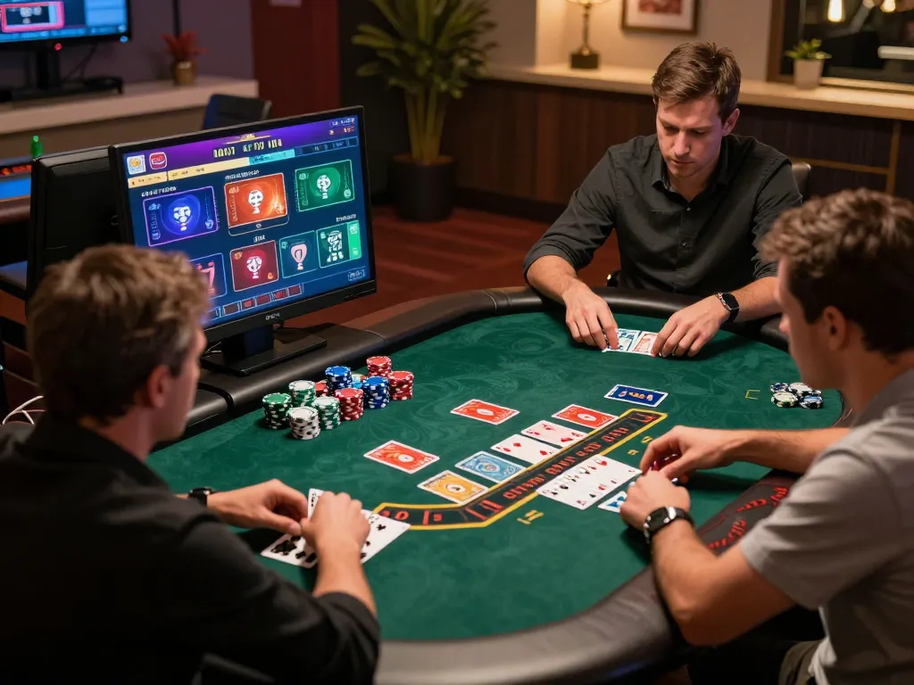 Engaged players strategizing during an online blackjack game at tt88.com with vibrant interface and chips visible.