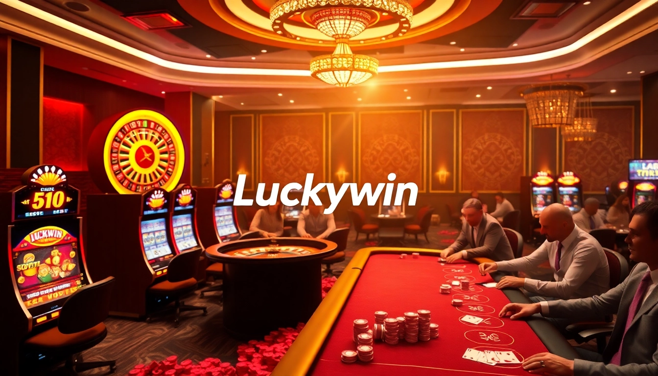 Luckywin casino experience featuring poker tables, vibrant slots, and an exciting roulette wheel.