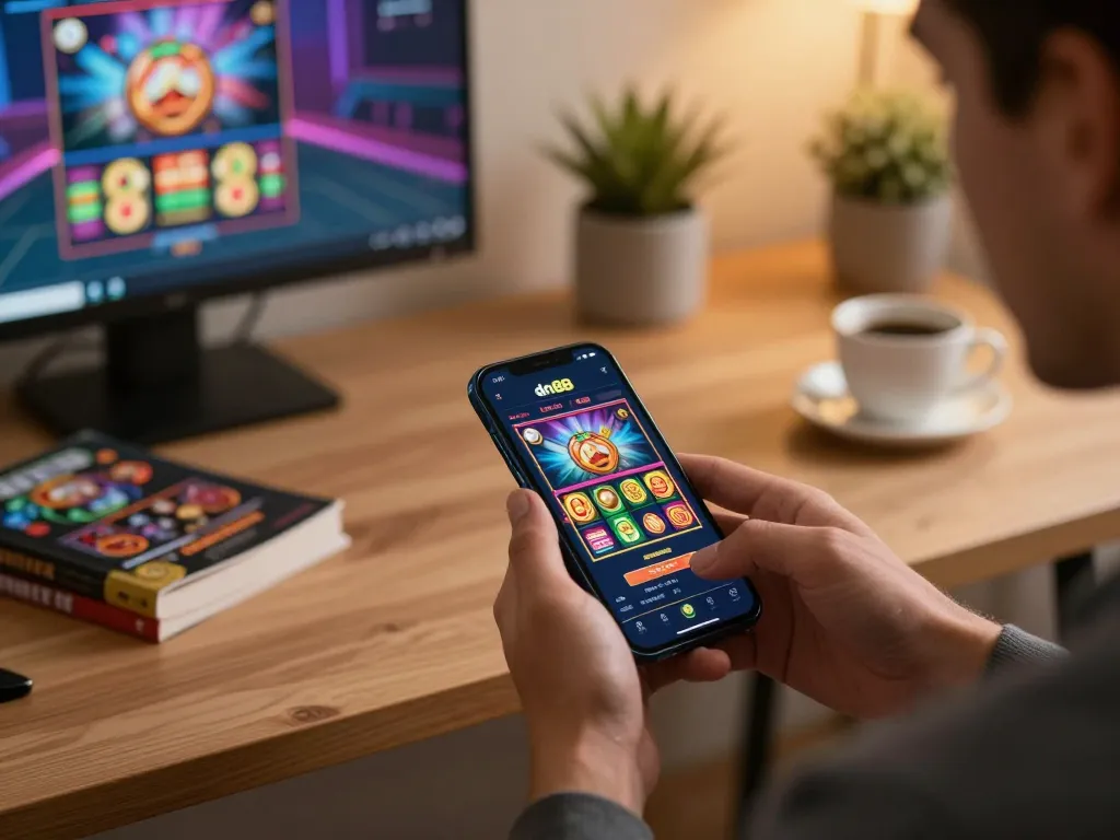 Player experiencing dn88 casino mobile app in a cozy home office during a gaming session.