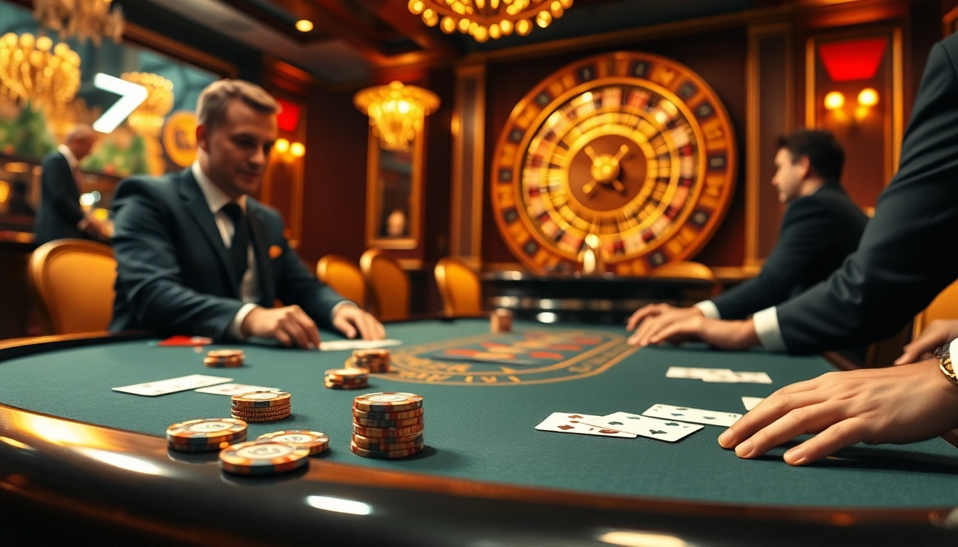 Experience the excitement of a high-stakes poker game at the casino featuring 7m chips and roulette wheel.
