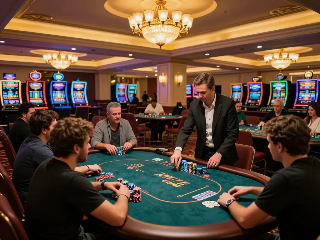 Engaged poker players strategizing their bets at atq com's luxurious casino.