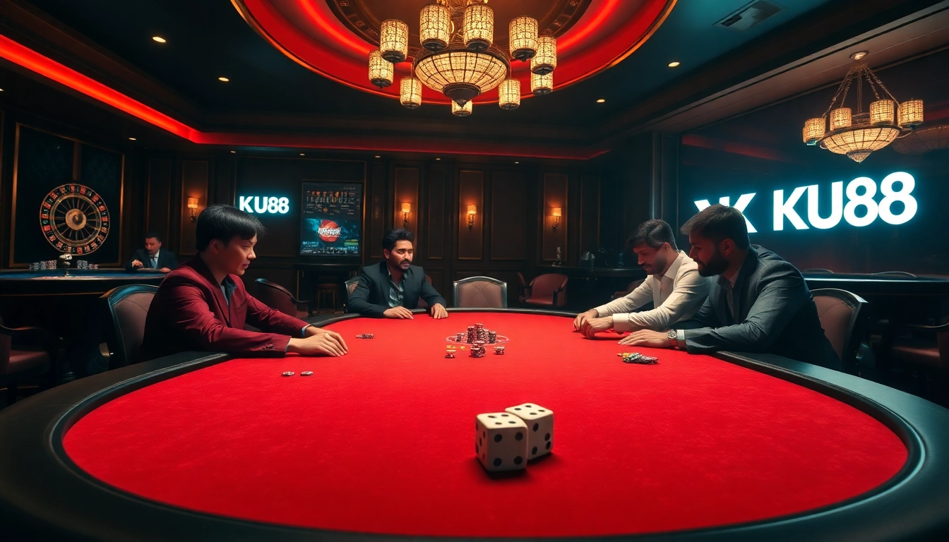 Players enjoying a poker game at KU88 casino, showcasing luxury and excitement in gambling.