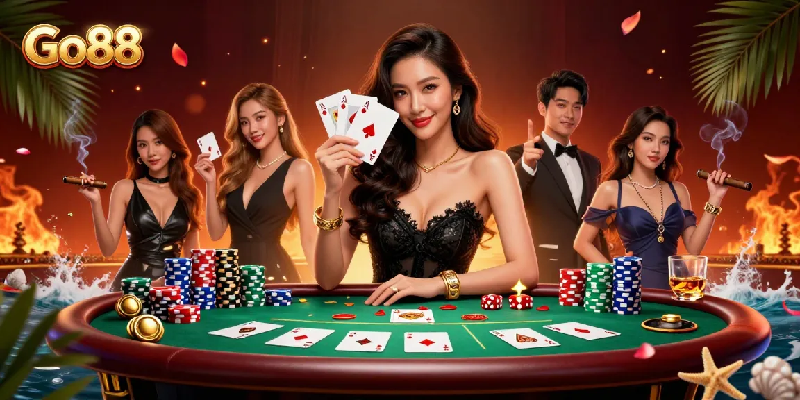 Experience thrilling gameplay at Go88, where a stylish woman holds ace cards in an elegant casino.