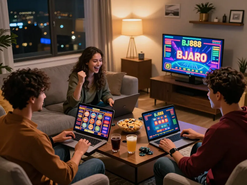 Friends enjoying a thrilling online casino game at BJ888 with vibrant graphics and cozy atmosphere.
