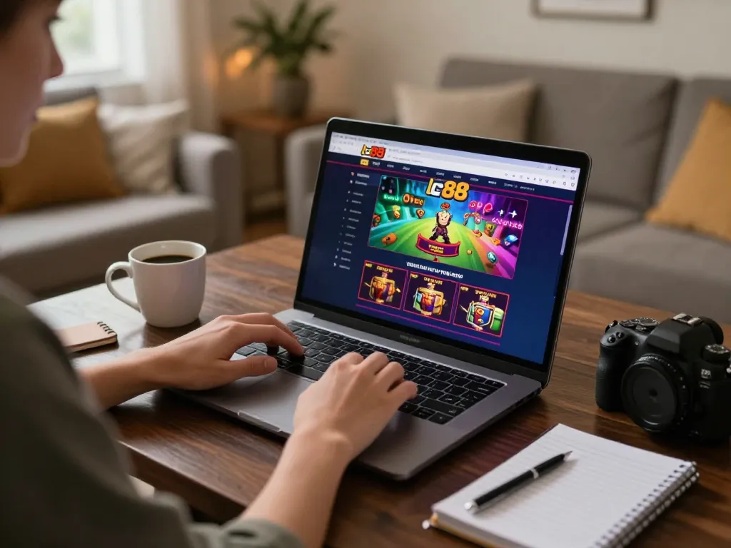 Engaging online gaming experience on lc88 platform at home with strategic notes and cozy ambiance.
