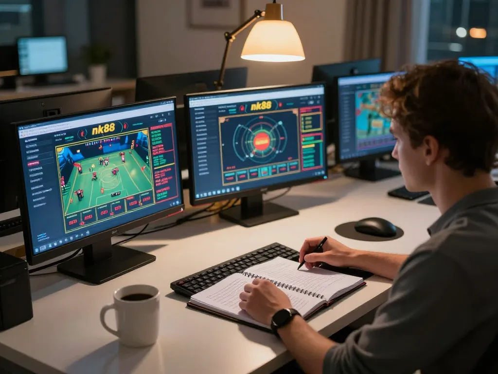 Engaged player using nk88 casino app for online betting with strategic notes at desk