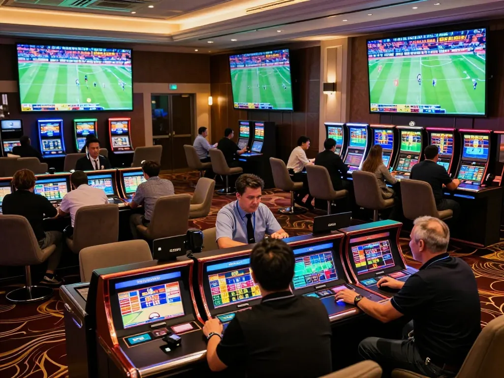 Patrons engaging in sports betting while tracking tỷ lệ kèo in a luxurious casino environment