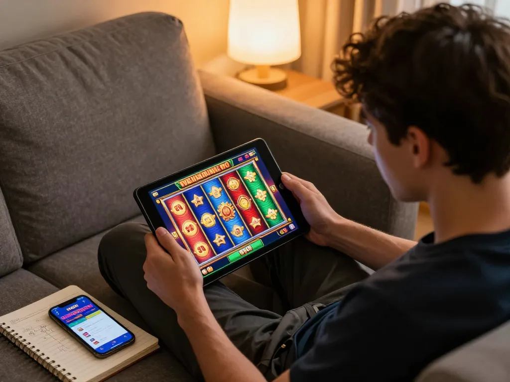 Player enjoying slot gameplay on a tablet at home with WW88 app open, showcasing excitement and strategy