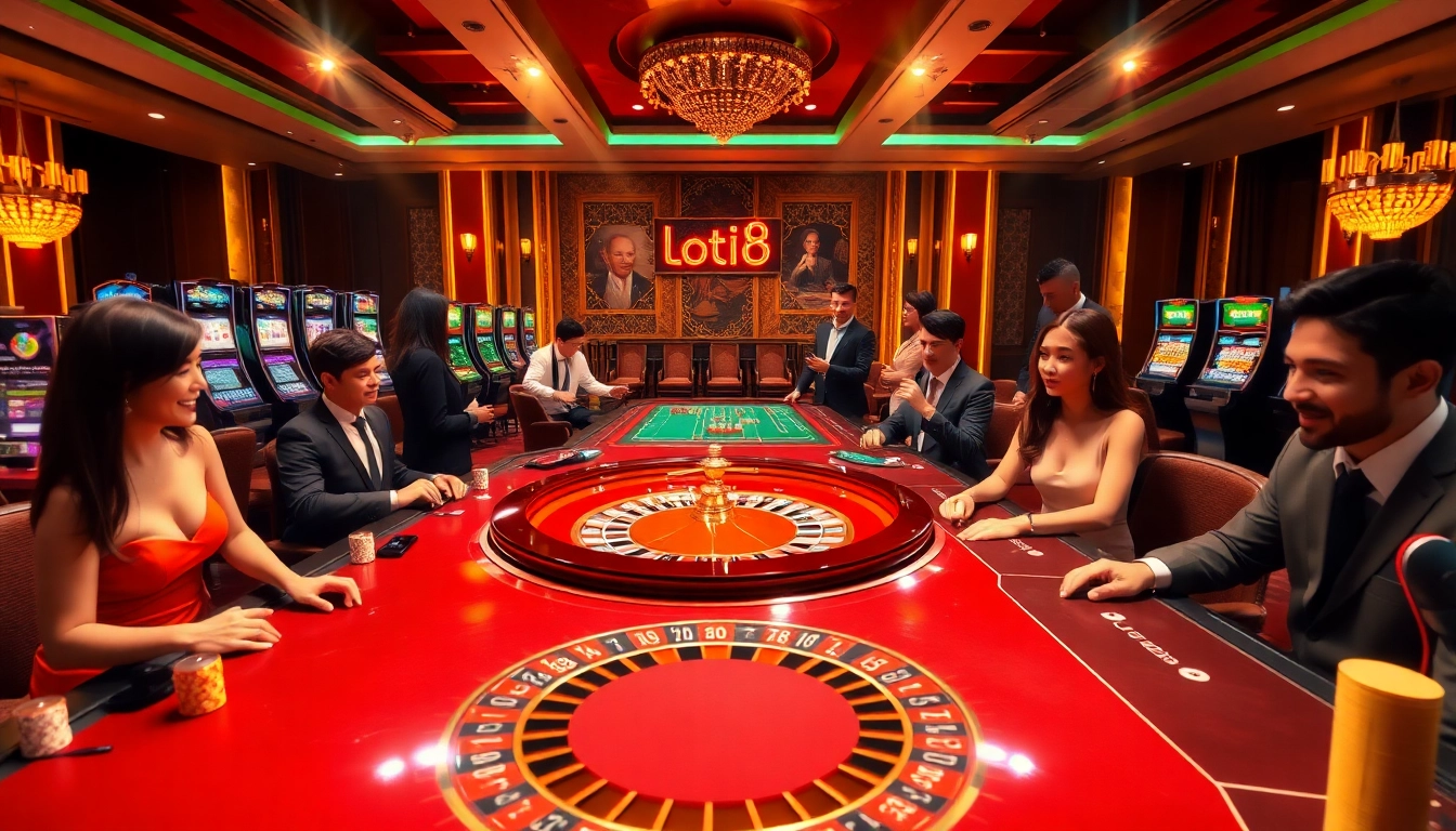 Loto188 online gambling experience with a luxurious casino setting featuring roulette and slot machines.
