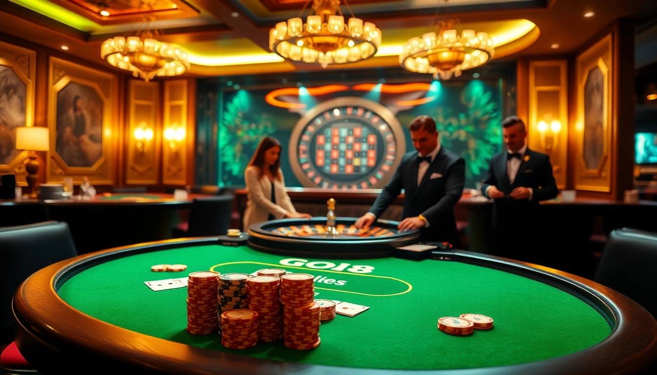 Exciting GO8 poker table scene with players, chips, and cards in a luxurious casino.