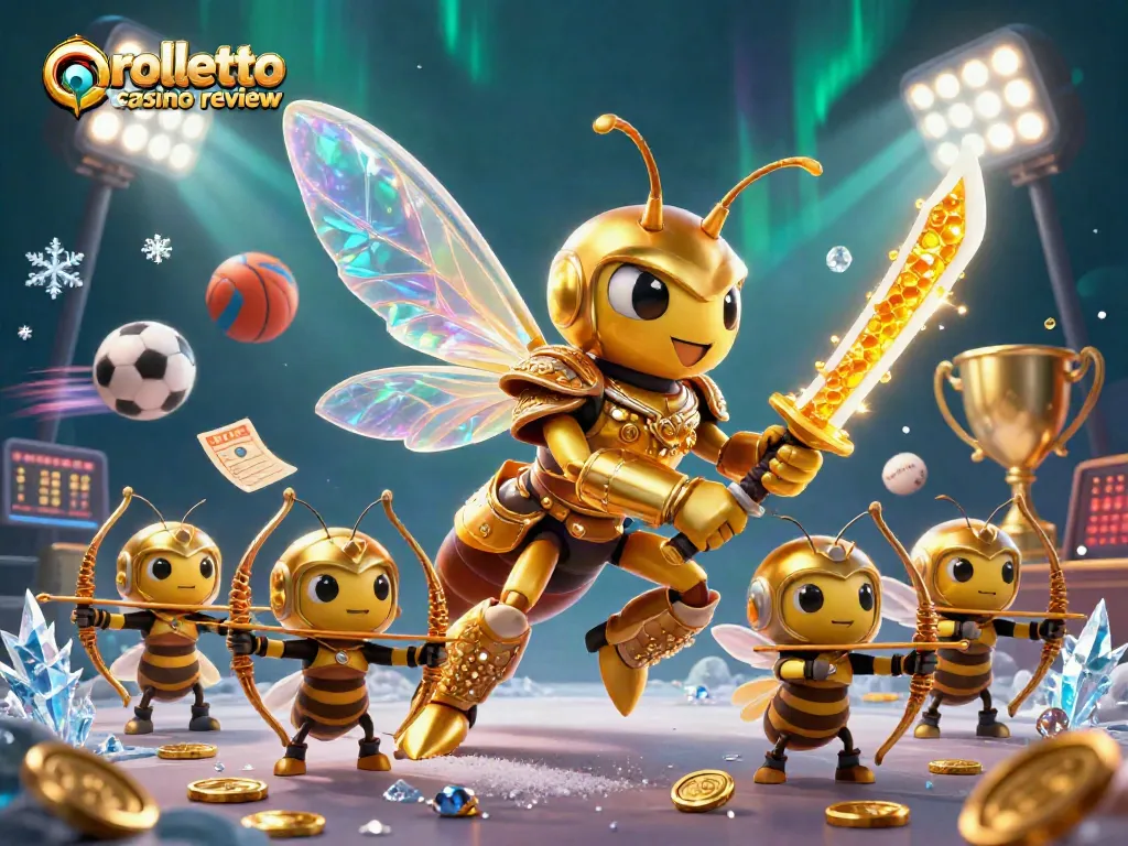 Engage with our rolletto casino review, featuring a dynamic 3D scene of a hornet samurai and sports elements.