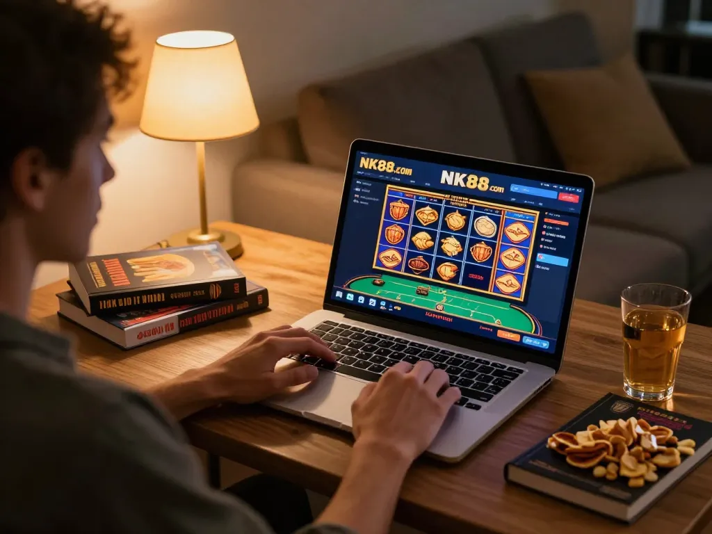 Engaging online casino gaming on NK88.com from a cozy home setup, showcasing strategy and entertainment.