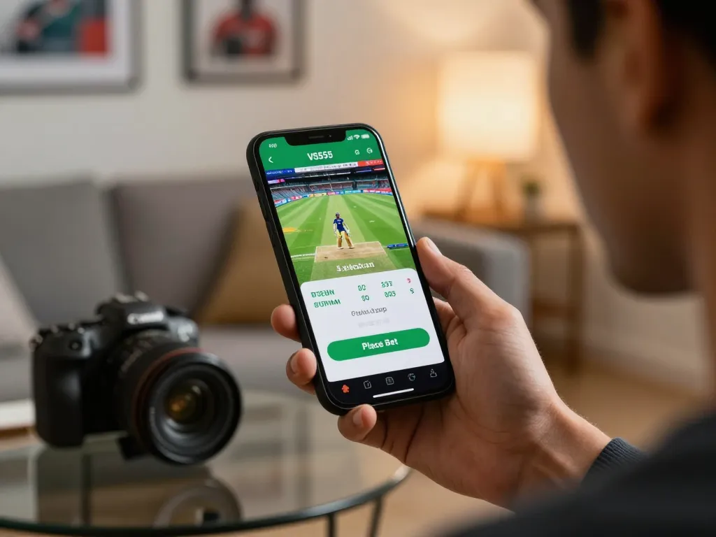 Active sports betting on VS555 app with live cricket odds showcased on smartphone