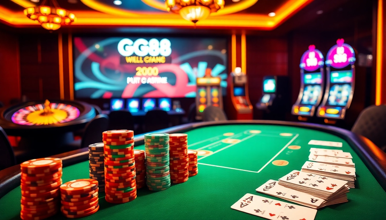 Play and win big with GG88 at a luxury casino featuring poker tables and roulette wheels.
