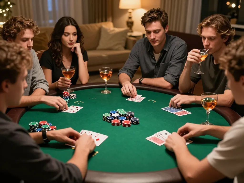 Sunwin poker players strategizing during an intense home game night with chips and drinks.