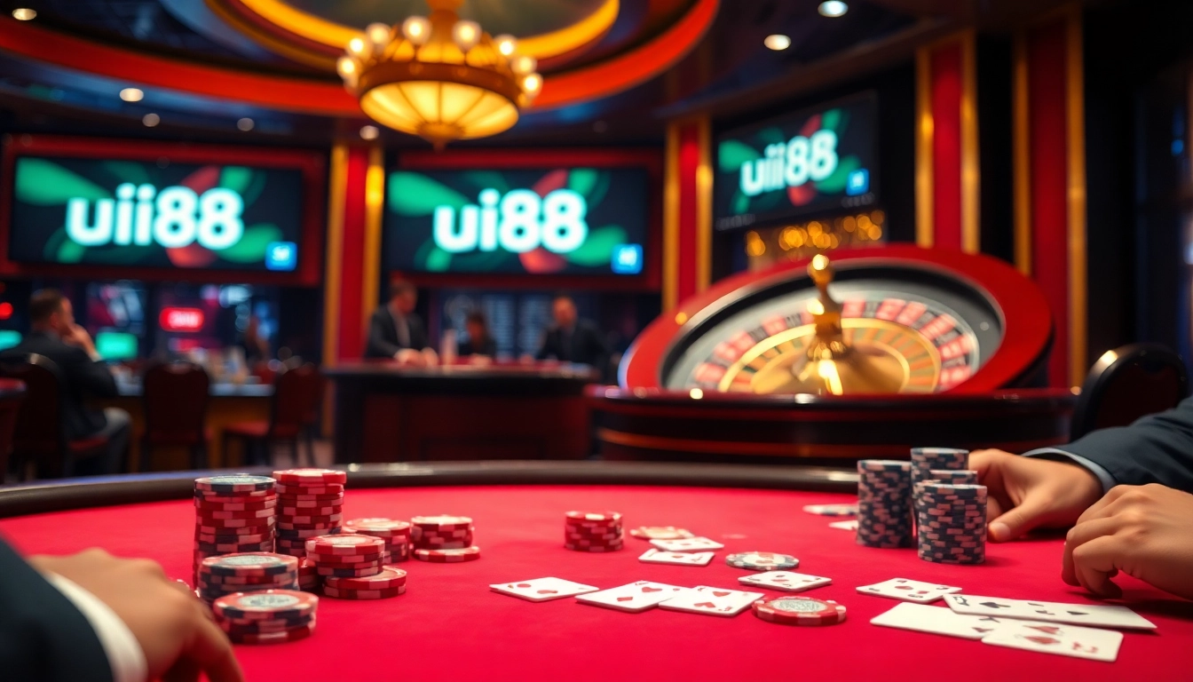 Experience the excitement of high-stakes poker at uu88, featuring vibrant chips and a roulette wheel.