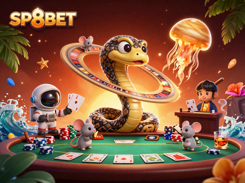 Engage in thrilling bets with SP8BET's unique casino-themed cosmic roulette illustration.