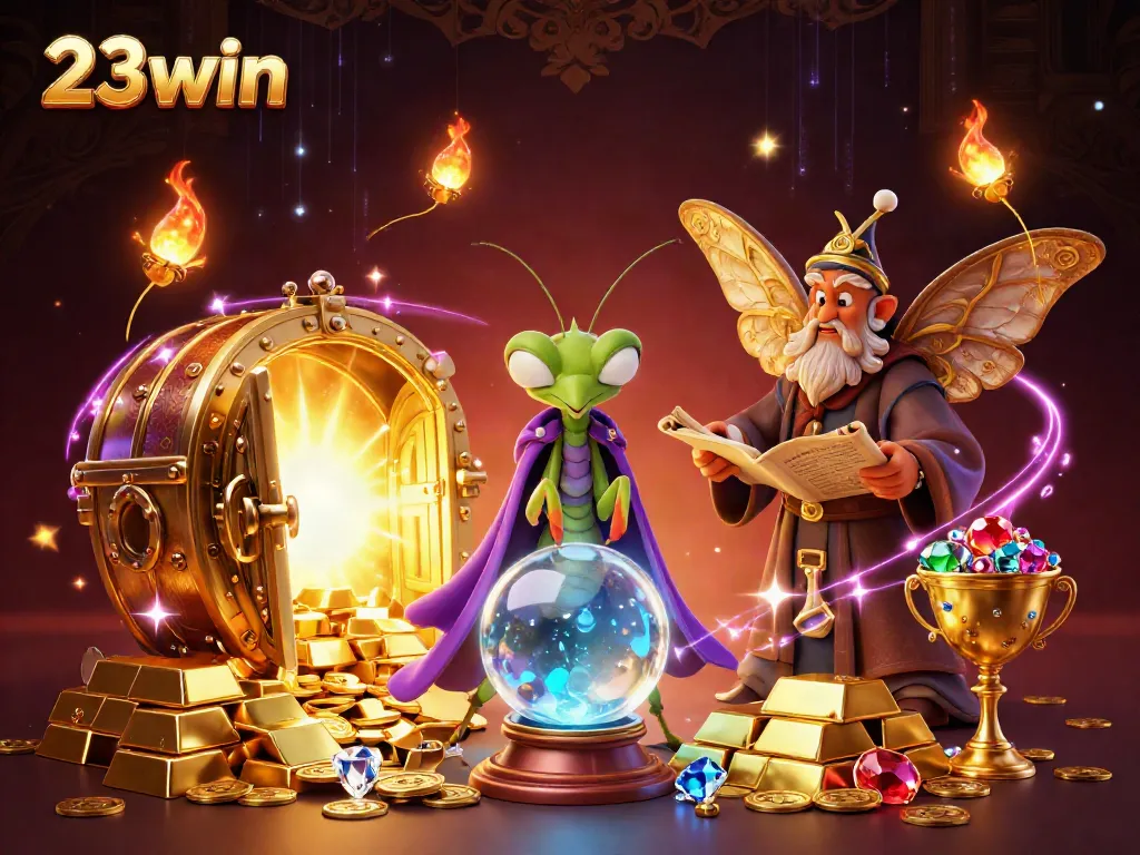 Experience thrilling fortunes at 23win with vibrant characters amidst dazzling treasures and mystical elements.