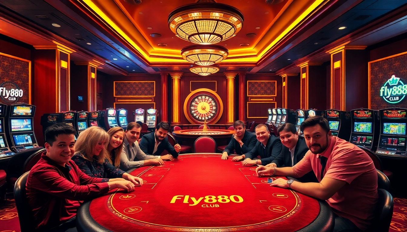 Players engaging in high-stakes poker at the fly888 club, surrounded by vibrant casino decor.