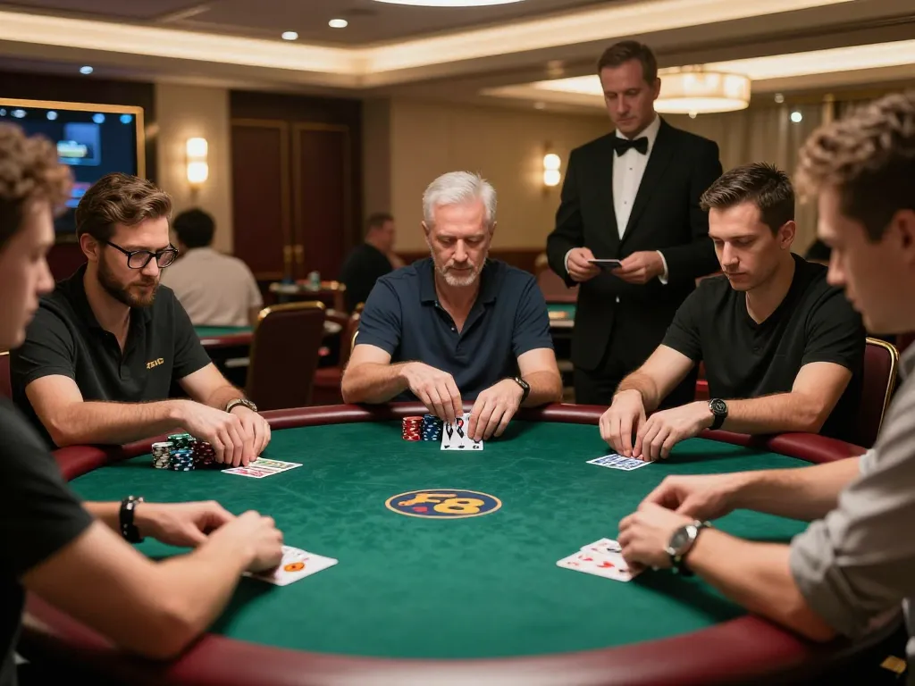 F8bet players engaged in an intense poker game, showcasing strategy and excitement.