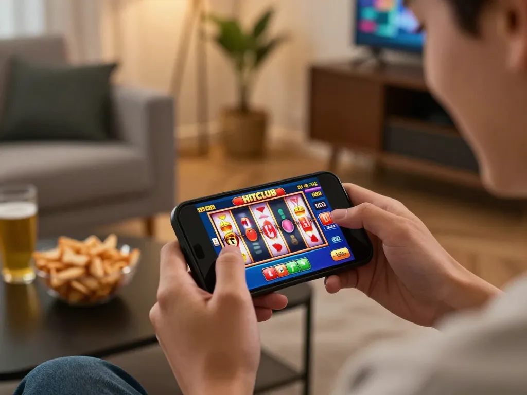 Play thrilling games on the Hitclub app with slots spinning on a smartphone screen.