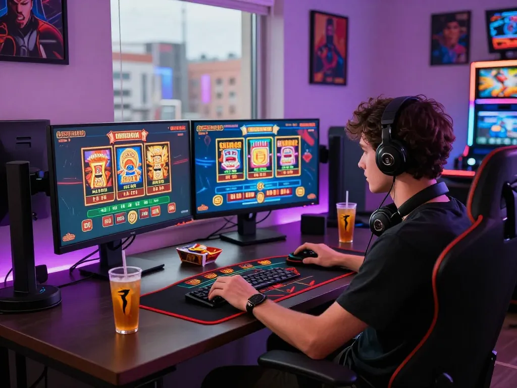 Engaged player at a modern gaming desk experiencing 789club's online casino.
