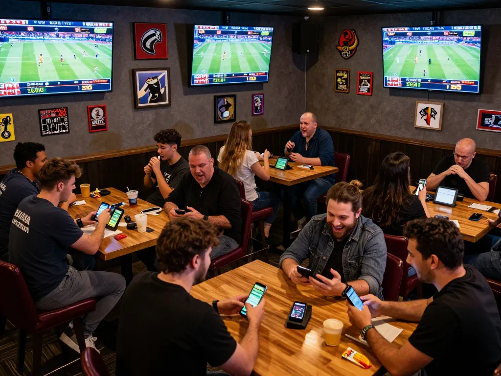 Tỷ lệ kèo nhà cái 5 shown on multiple screens in a lively sports betting bar, enhancing the excitement of the moment