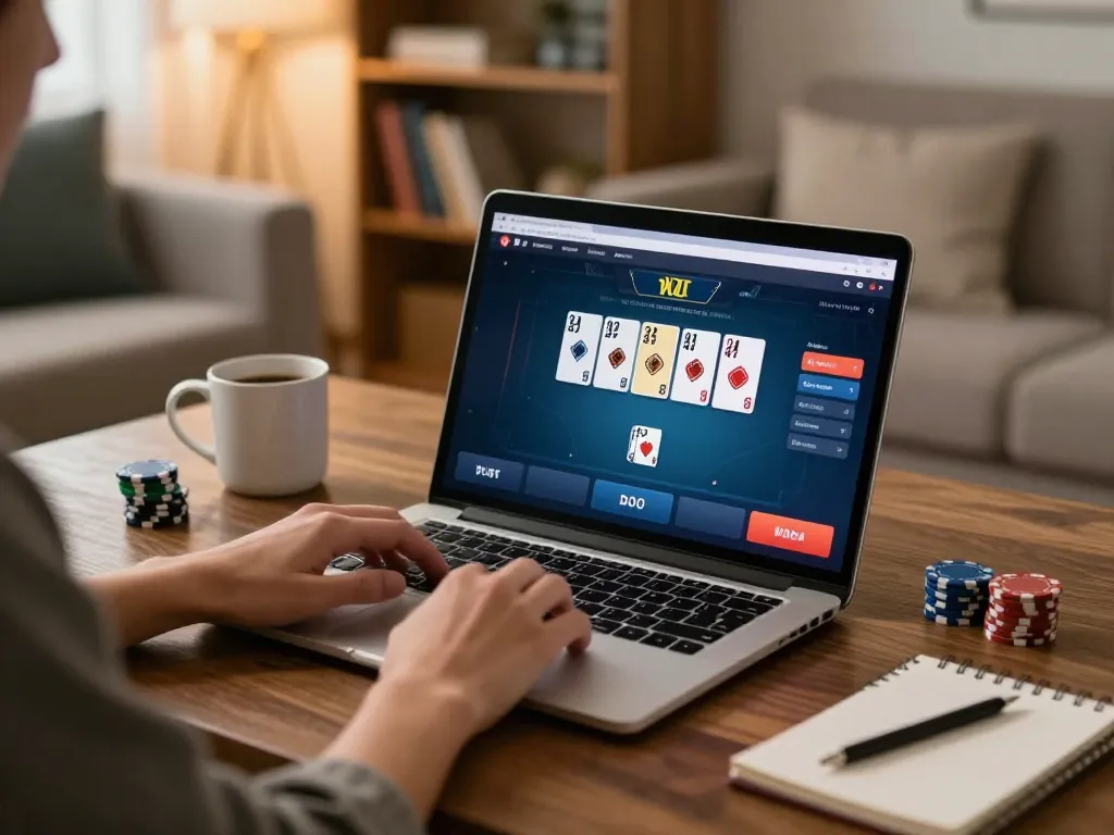 Engaging in a thrilling online poker game at home via https://xx88.promo/ in a cozy living room