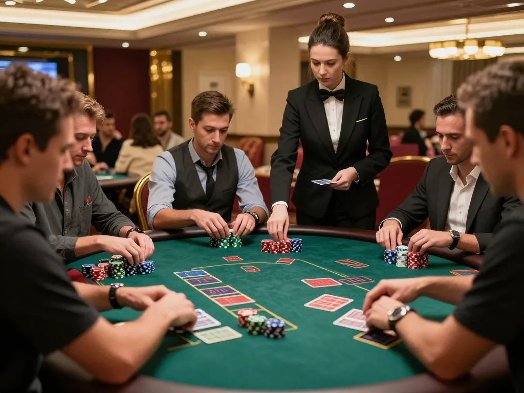 Experience mb66 excitement at an elegant blackjack table with focused players and professional dealer.