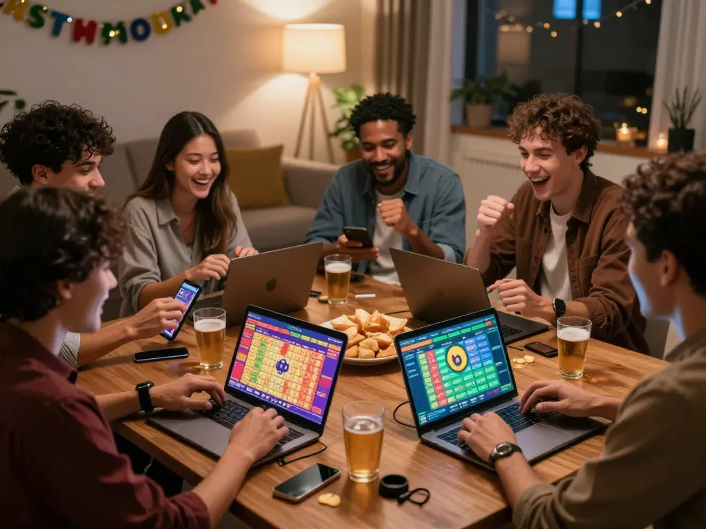 Exciting group enjoying đánh lô online game in cozy setting with betting interfaces.