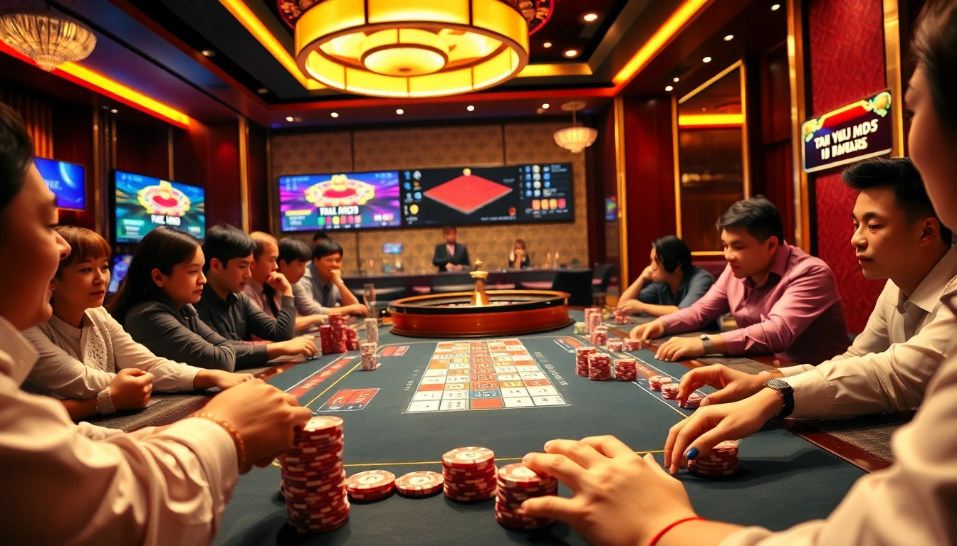 Players eagerly engage in Tài xỉu MD5 at a vibrant casino table with betting slips and dice.