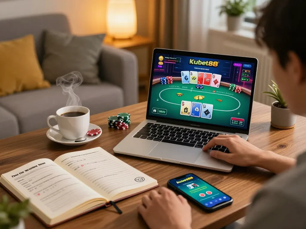 Kubet88 player engaging in online poker at home with strategic notes nearby for effective bankroll management