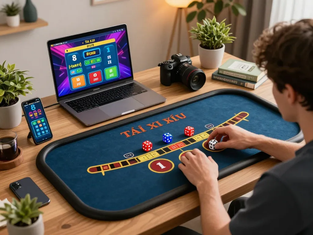 Tài xỉu online player engaging with virtual dice roll at home with a laptop.