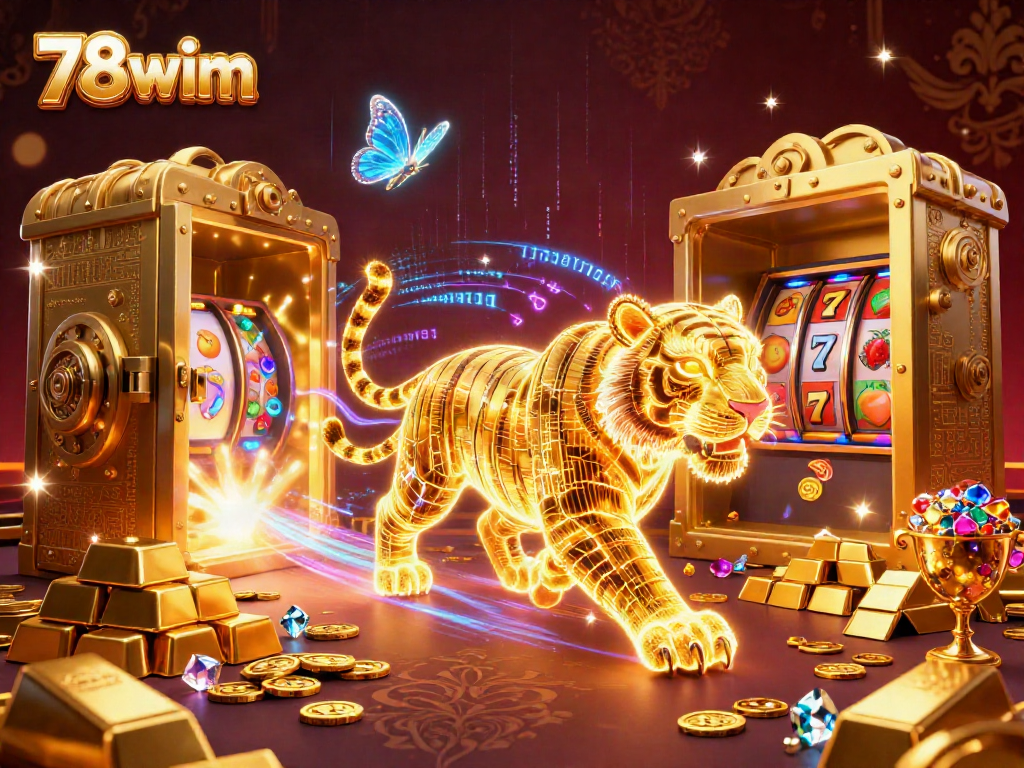 Experience excitement with 78wim in a vibrant casino scene featuring a golden tiger and treasures.