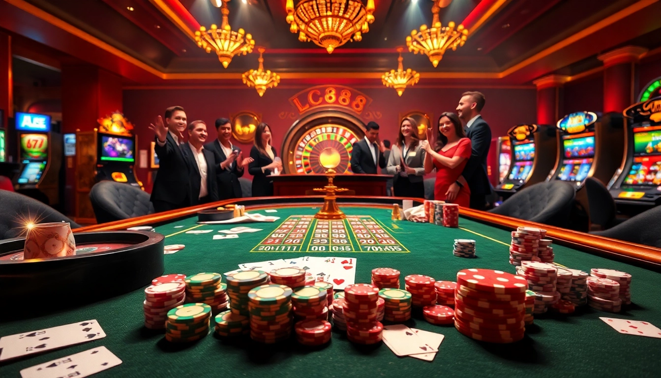 Excited players winning at the LC88 casino table surrounded by vibrant gaming elements.