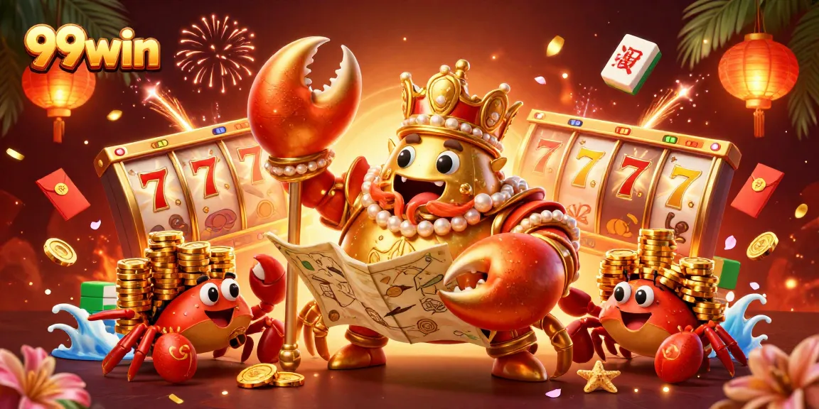 Experience the thrill of 99win with an emperor crab leading a vibrant casino adventure.