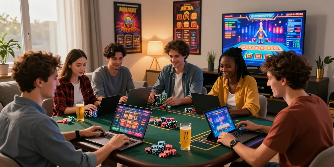 Players excitedly enjoying non uk casinos at https://cocomaya.co.uk/non-uk-casinos/ with laptops, chips, and vibrant game posters in a cozy living room.