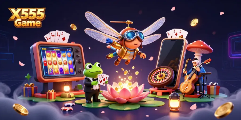 X555 Game immersive experience featuring dynamic 3D casino elements like a dragonfly pilot and frog croupier, set in a vibrant gaming scene.