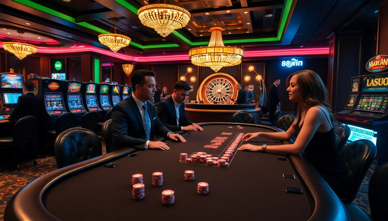 Experience high-stakes excitement at the 98win vin casino with elegant poker players and vibrant gaming tables.