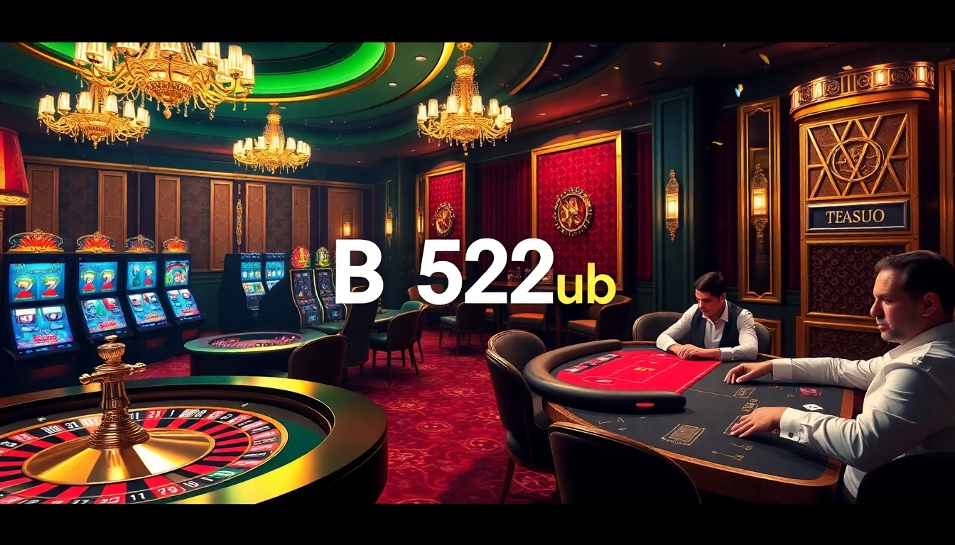 High-stakes game at B52Club showcasing a roulette table and vibrant slot machines.