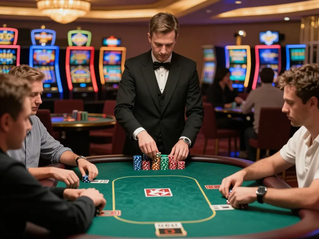 Engaging poker game scene at a luxury casino featuring SC888 with focused players and dealer
