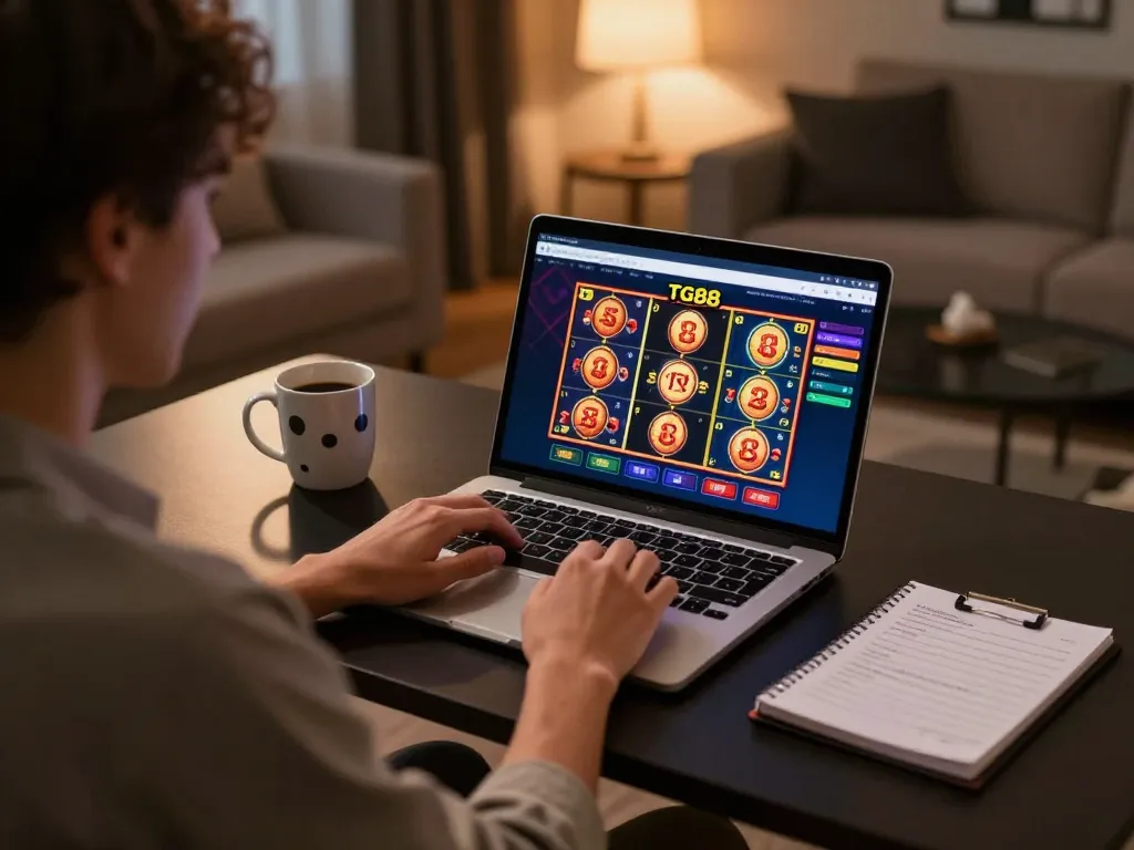 Player using TG88 for online casino gaming at a cozy home setup with strategic notes.