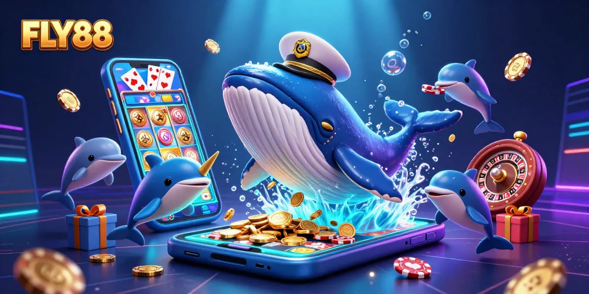 FLY88 enthusiasts play games with a cartoon whale and dolphins in a vibrant underwater casino scene.