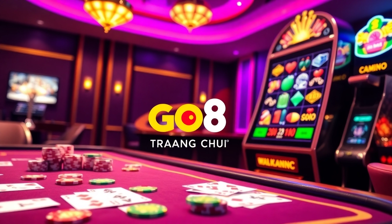 GO8 TRANG CHỦ interface showcasing vibrant casino games with dice and poker chips.