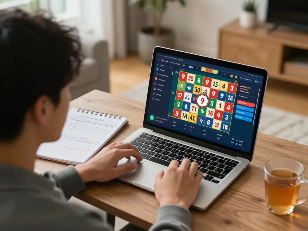 Engaging in 9 Lotto 4D online gaming while surrounded by betting notes