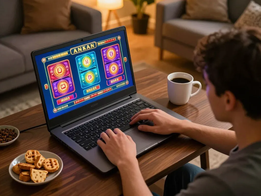 CK444 player enjoying online slots gaming at home with snacks and cozy atmosphere.