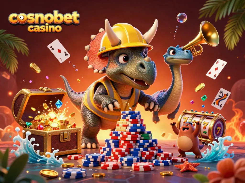 Experience the thrill of cosmobet casino with a vibrant 3D illustration of a triceratops building poker chips.