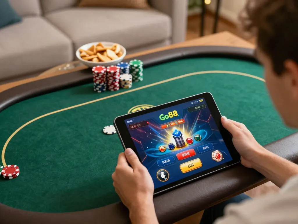 Engaging gameplay on Go88 club tablet with focused player enjoying online poker.